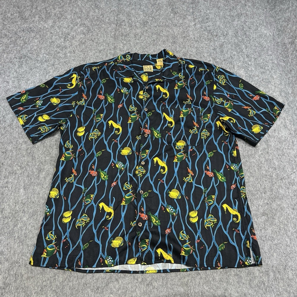 Jos A Bank Shirt Mens XL Black BlueSilk Tropical Fish Sea Horse Hawaiian Camp